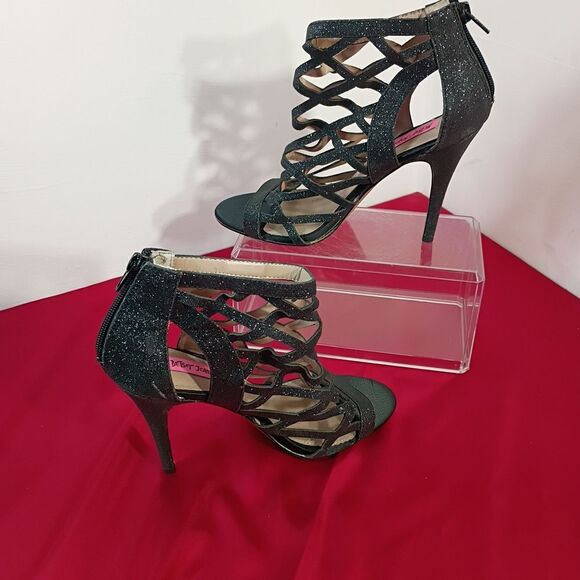 Betsey Johnson Women's SZ 8 Judeth Black Glitter Zip-Up Heeled Sandal - Picture 2 of 10